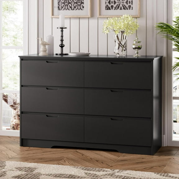 6 Drawers Black Dresser for Bedroom, Wood Large Double Dresser with Hidden Handles, Modern Dressers & Chests of Deep Drawers for Hallyway, Entryway