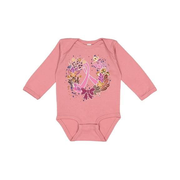 Inktastic Breast Cancer Awareness Wreath Pink Ribbon Girls Long Sleeve Baby Bodysuit