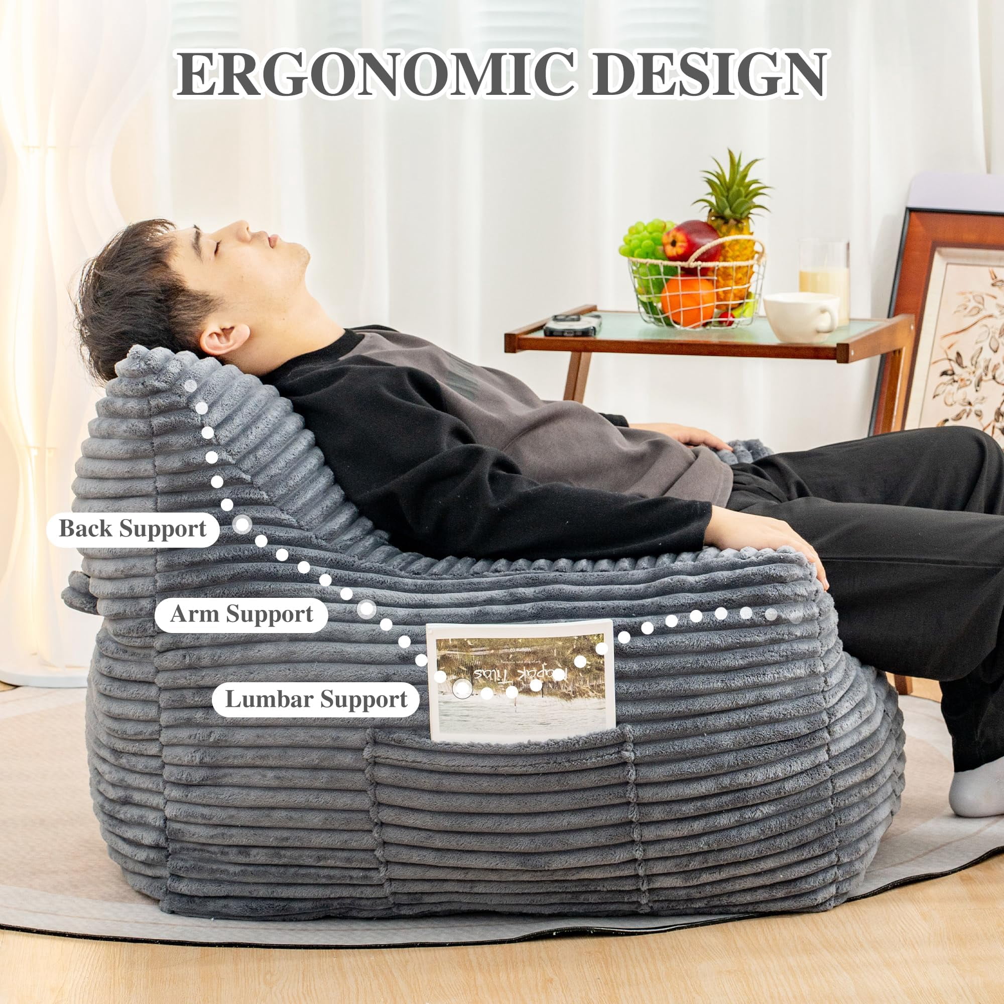 JESTOP Bean Bag Chair for Adults with Armrests, Lazy Floor Sofa Cozy Single Cloud Mini Couch, Corduroy Reading Chair for Living Room Bedroom