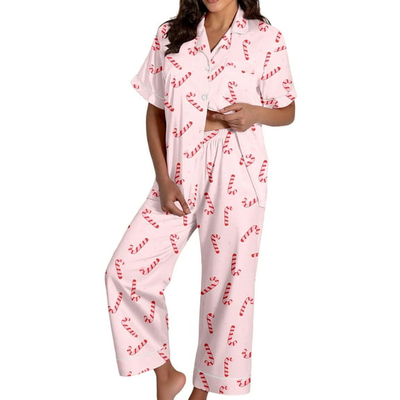 Cnbwig Satin Pajama Sets for Womens Christmas Graphic Printed Short Sleeve Button Down Top with Straight Leg Loose Pants for Holiday A-Pink S