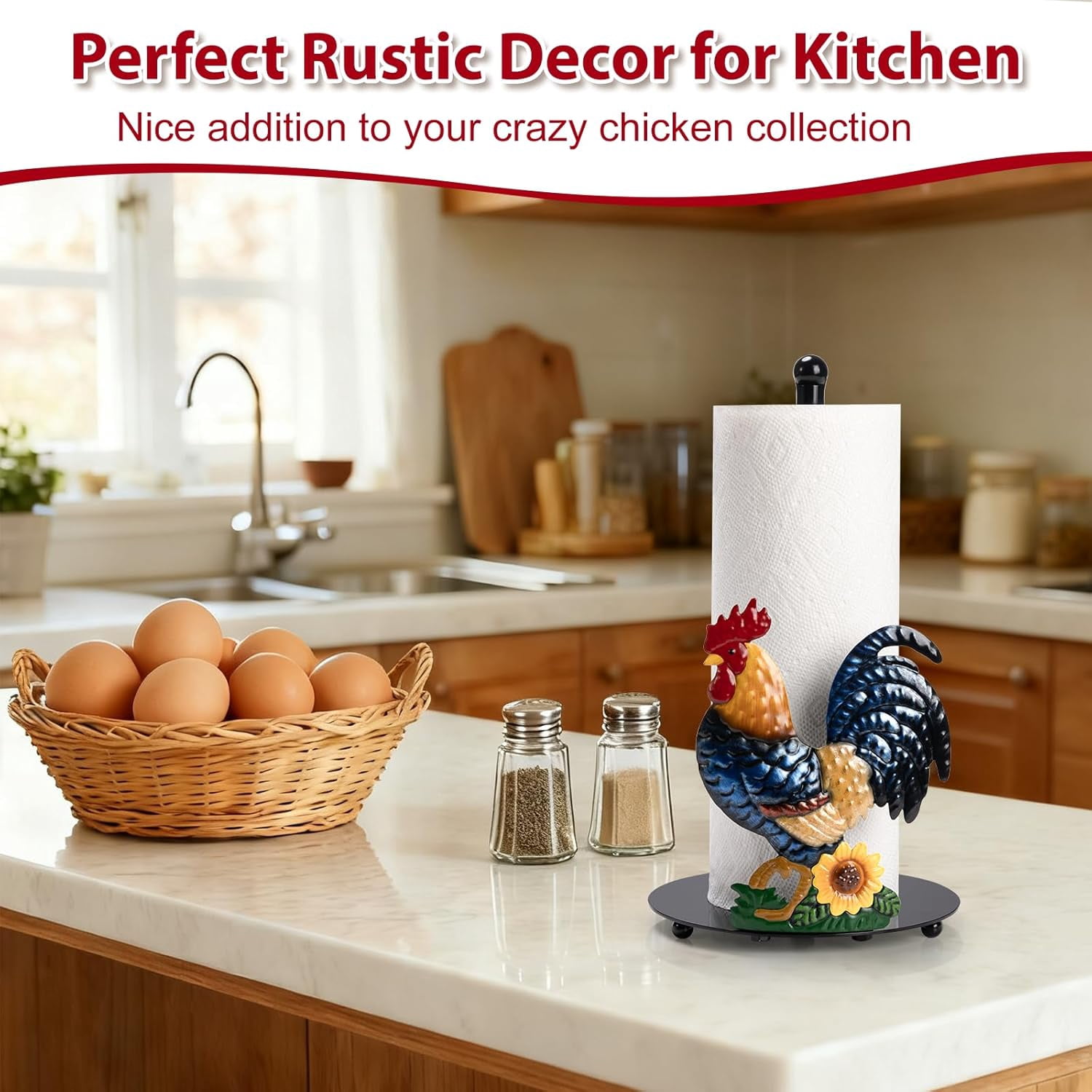 ThrottleT - Rooster Paper Towel Holder Countertop - Sunflower & Chicken Farmhouse Kitchen Decor and Accessories, Rustic Housewarming Gift for Rooster & Farmhouse Enthusiasts, Weighted Base