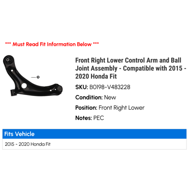 Front Right Lower Control Arm With Ball Joint – Fits 2015-2020 Honda Fit – 10 Year Warranty