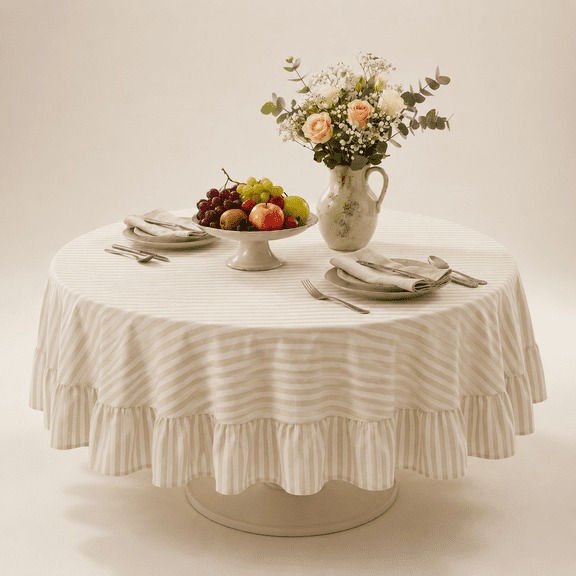 Beige Striped Ruffled Round Tablecloth 60 X 60 Inches