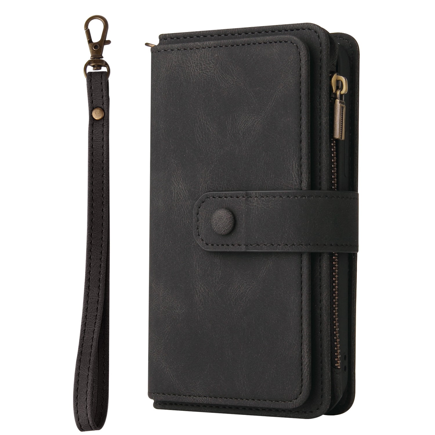 Phone Case for Samsung Galaxy S23, Galaxy S23 Wallet Case, Luxury Folio Flip Leather Cover[Zipper Pocket] [Wrist Strap][Kickstand] for Samsung Galaxy S23 6.1 inch, Black