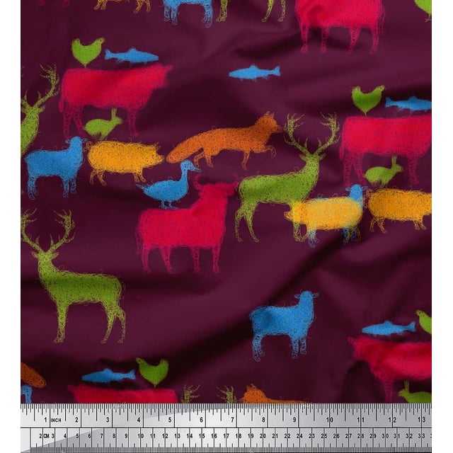 Soimoi polyester Crepe Fabric Birds & Animals Hand Drawn Fabric Prints By Yard 42 Inch Wide