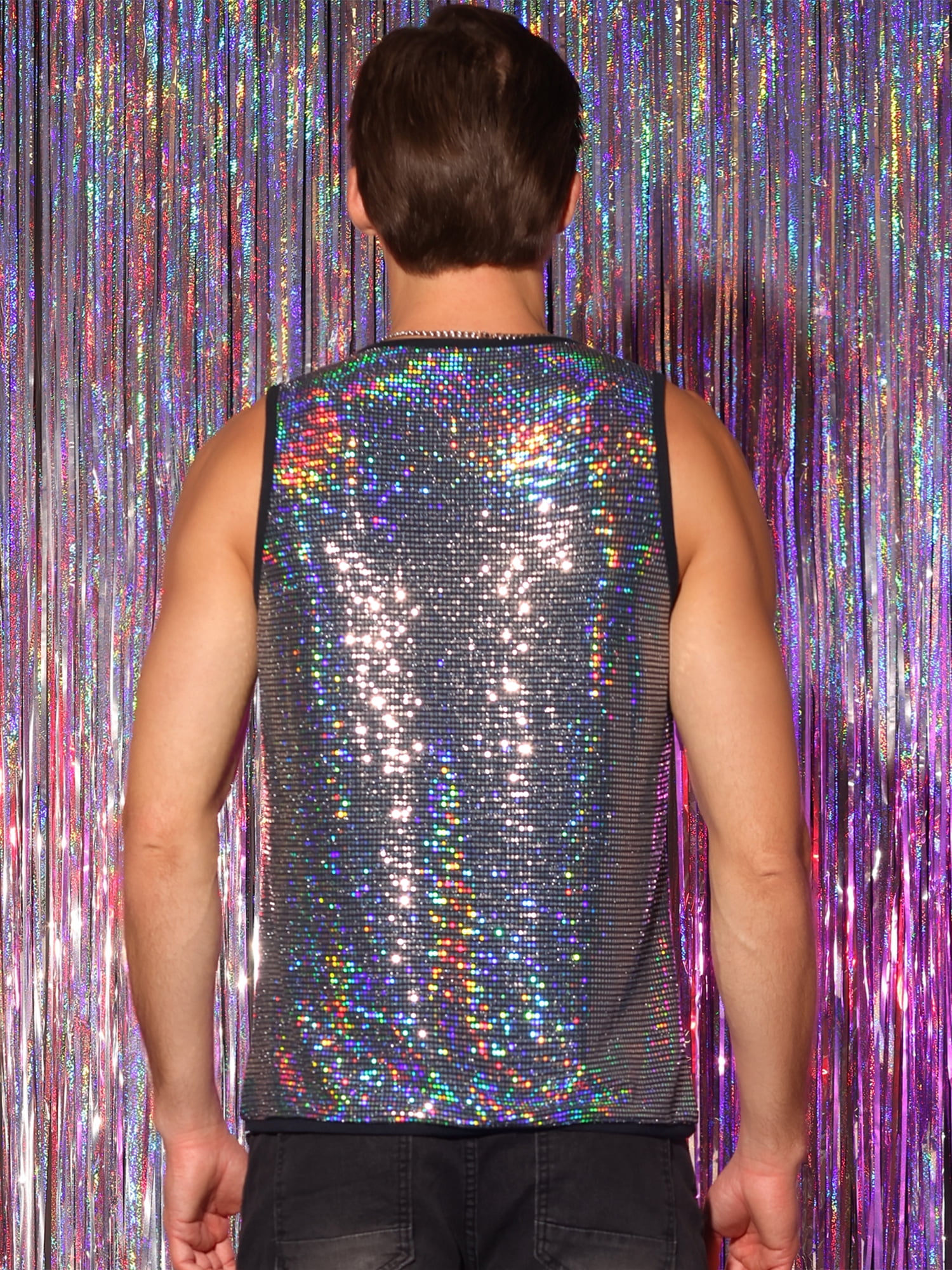 DARING DIVA Men's Sequin Tank Top Metallic Sparkle Glitter Sleeveless Tank Vest S Silver