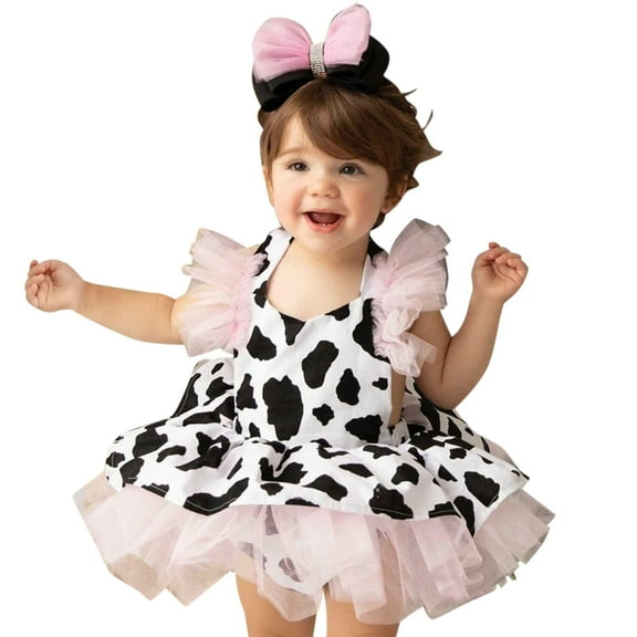 Xudanell Girls Black Dress Romper Dress Cow Print Sleeveless Dresses Hair Band Outfits Baby Girl Dresses Multicolor 6-12 Months