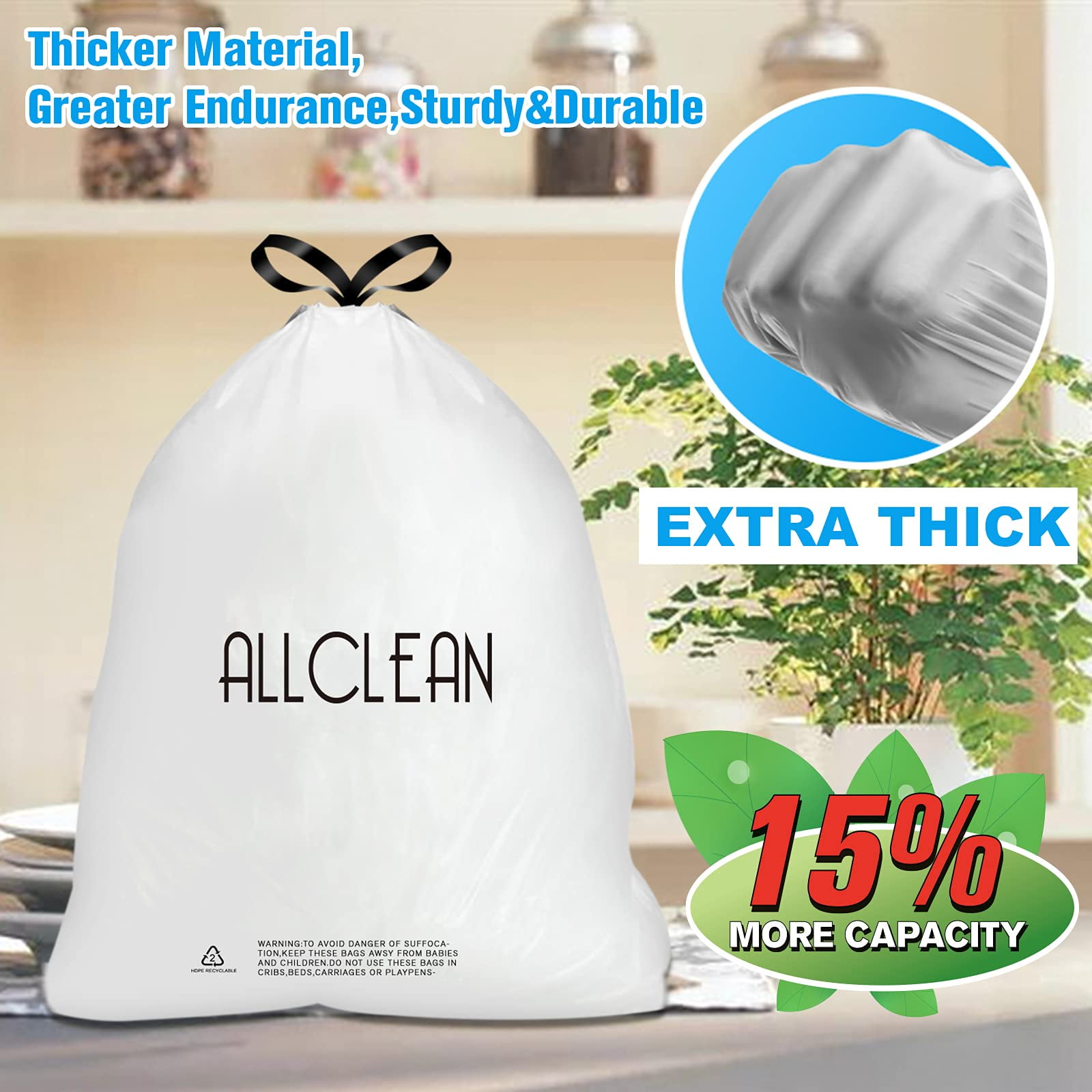 Trash Bags 15 Gallon Tall Kitchen, Drawstring Garbage Bags Recyclable Strong Large Recycling Fresh Clean Trash Bags for Indoor Outdoor