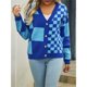 thumbnail image 4 of Cárdigan de Larga con Botones y Cuadros en Bloques de Color para Mujer, Suéteres de Punto A Cuadros, Ropa Y2K Azul S, 4 of 10