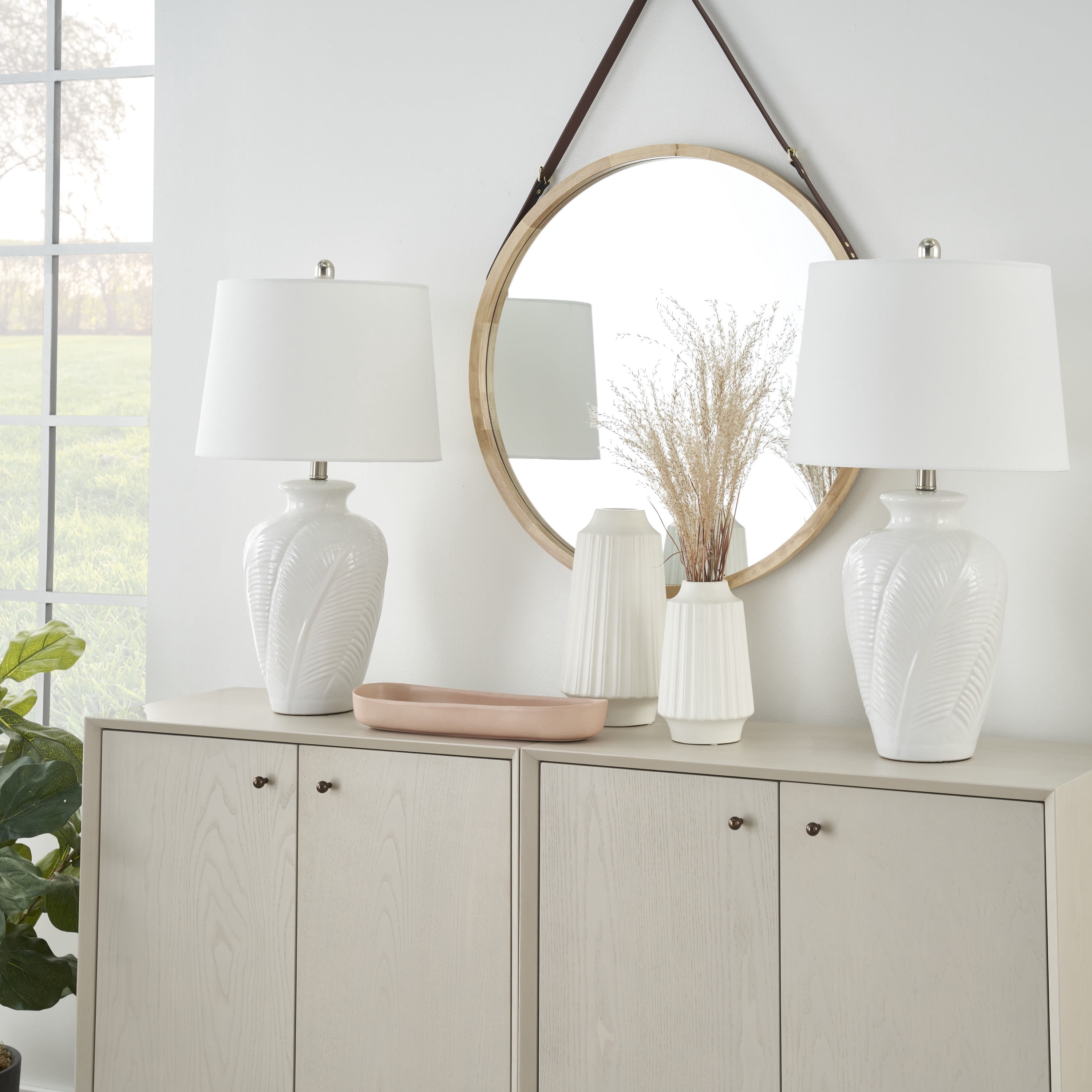 Nourison 26" Coastal Feather Texture Table Lamp for Bedroom, Living Room, Dining Room, End Table, Glossy White