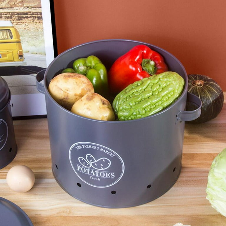 Set of 3 Potato Onion Kitchen Storage Jars Pots Containers Potatos Onion Bin Caddy with Aerating Tin Storage Holes Metal Lid Grey