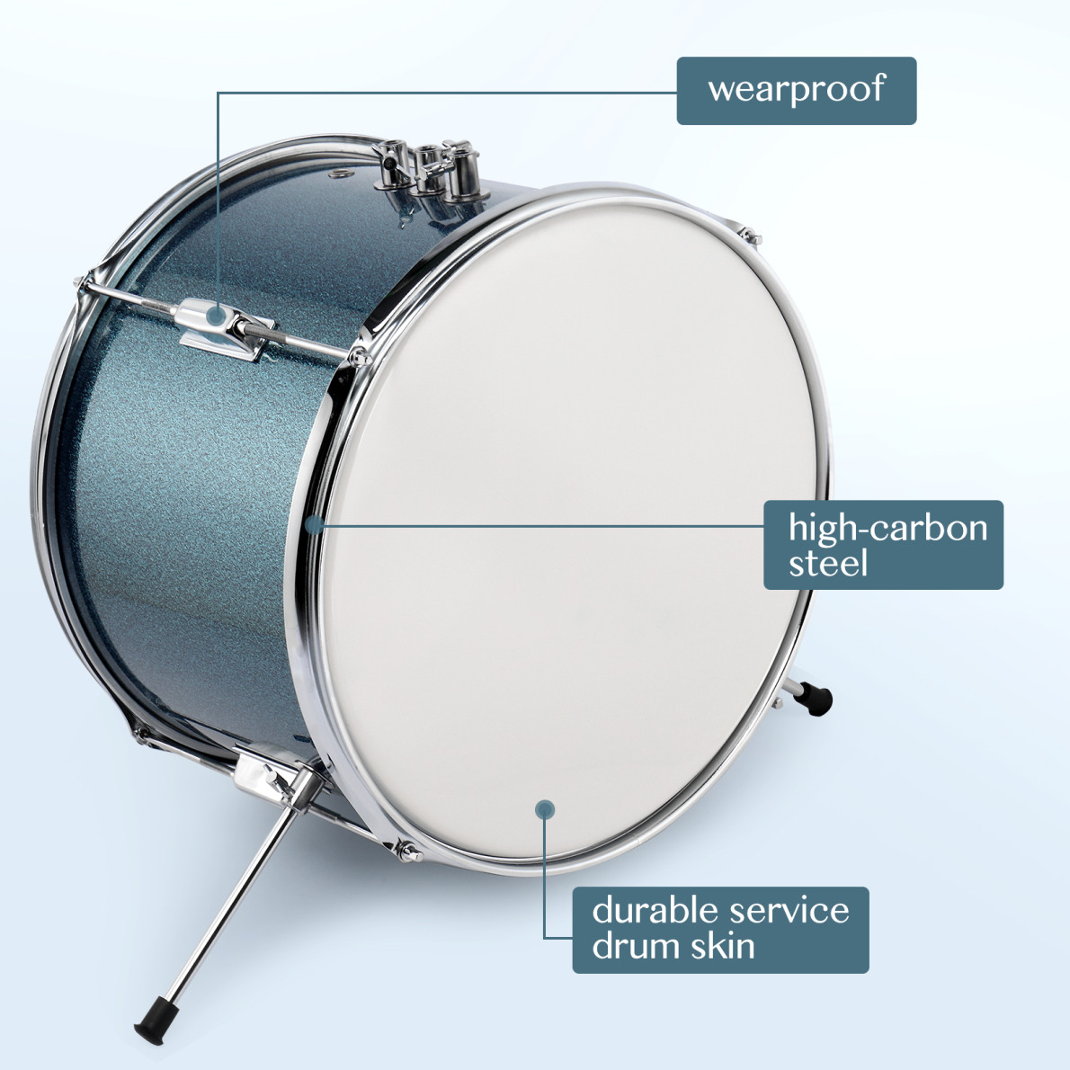 Kids Drum Set, 3-Pieces Junior Beginner Drum Kit with Adjustable Throne Stool, Bass Drum Pedal and 2 Drumsticks, 14 Inch Drum Musical Instruments with Cymbal, Tom and Snare Drum, Sky Blue