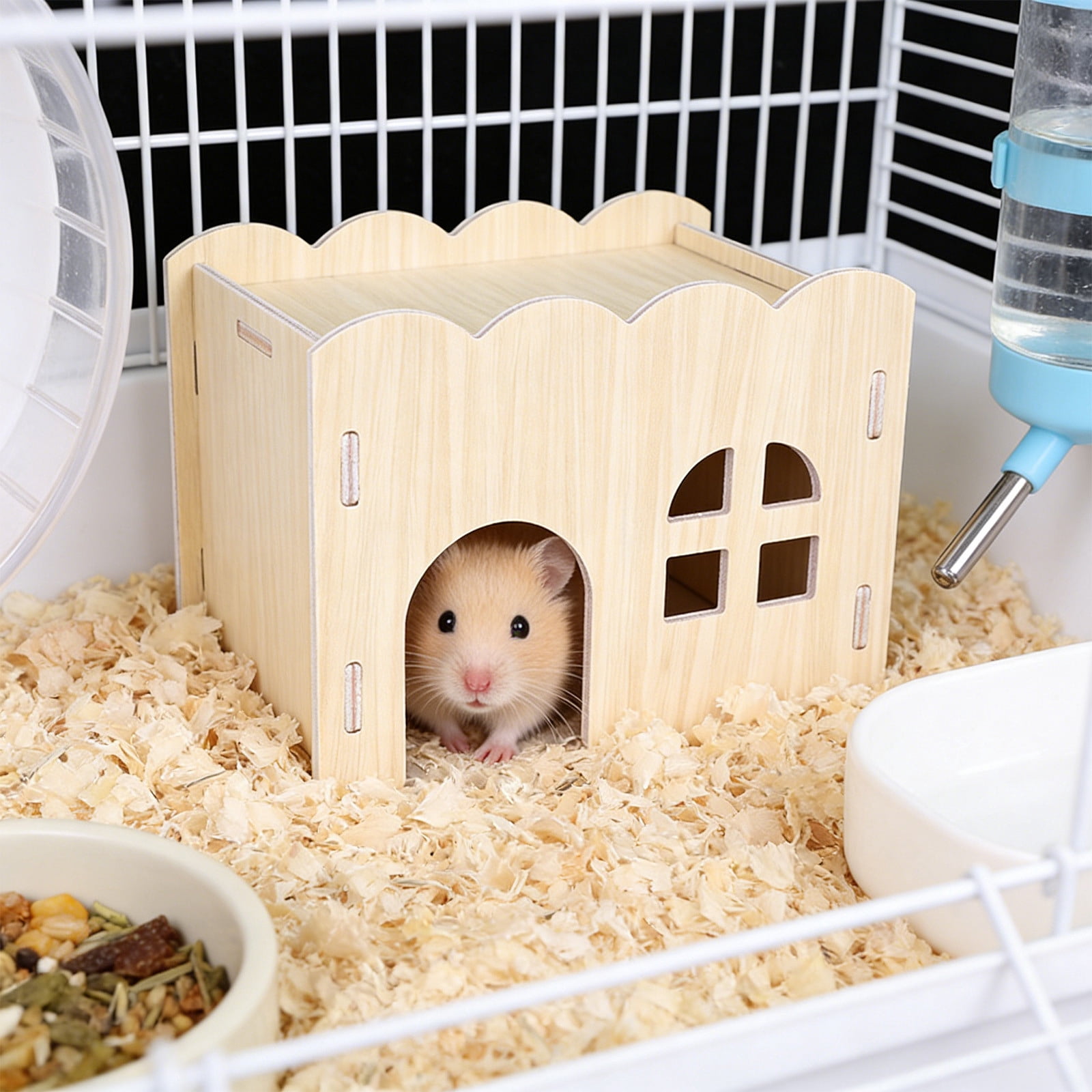 Nebwoak Wooden Hamster Hideout Natural Solid Wood Small Animal House with Chew Toy Function Safe Hide Bed for Gnawing Sleeping 6.1"Lx4.13"Wx4.33"H