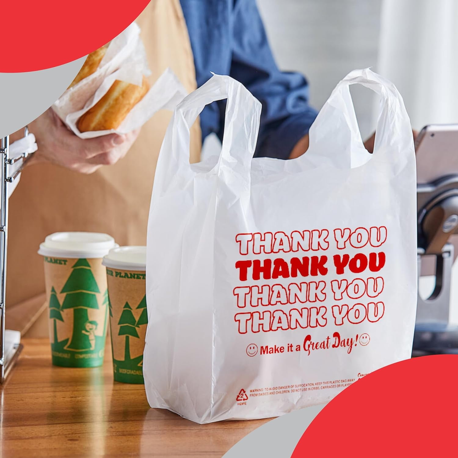 Concession Essentials Reusable Thank You Polyethylene, T Shirt Bags Pack of 100 White Count