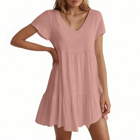Women's Casual V Neck Short Sleeve Flowy Swing Mini Dress For Daily Wear Beach Date Spring Fall Outfit Comfortable Lightweight Womens Casual Trendy Midi Dresses