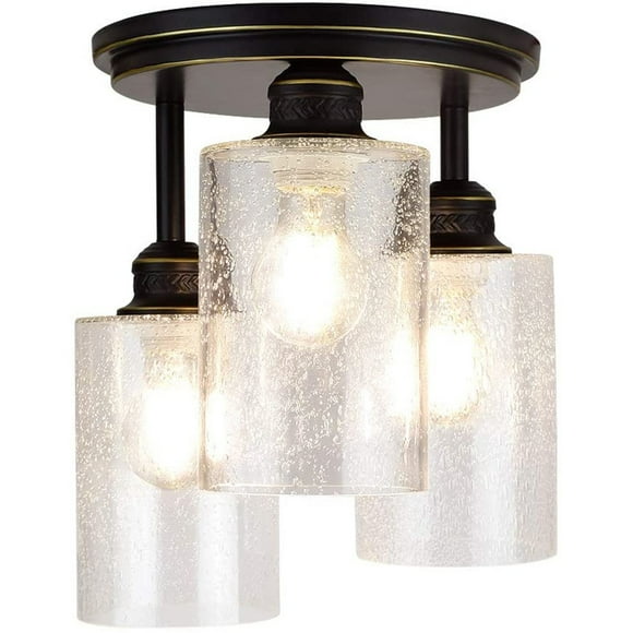 Depuley Plafonnier Semi-Encastré Industriel Rustique à 3 Lumières de 9,64 Pouces avec Abat-Jour en Verre à Bulles pour Couloir Cuisine Entrée Base 3xE26