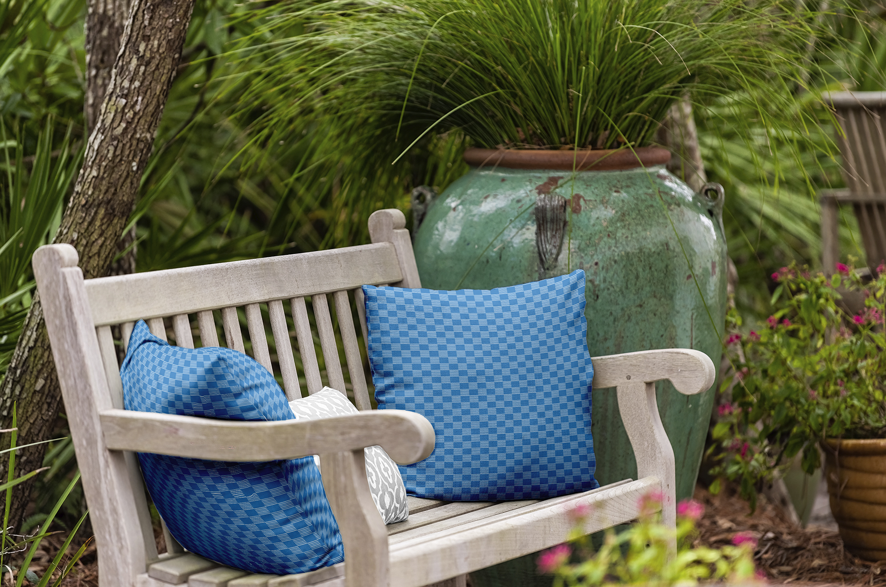 Simply Daisy 16" x 16" Read Between the Lines Geometric Outdoor Pillow, Blue (1 count)