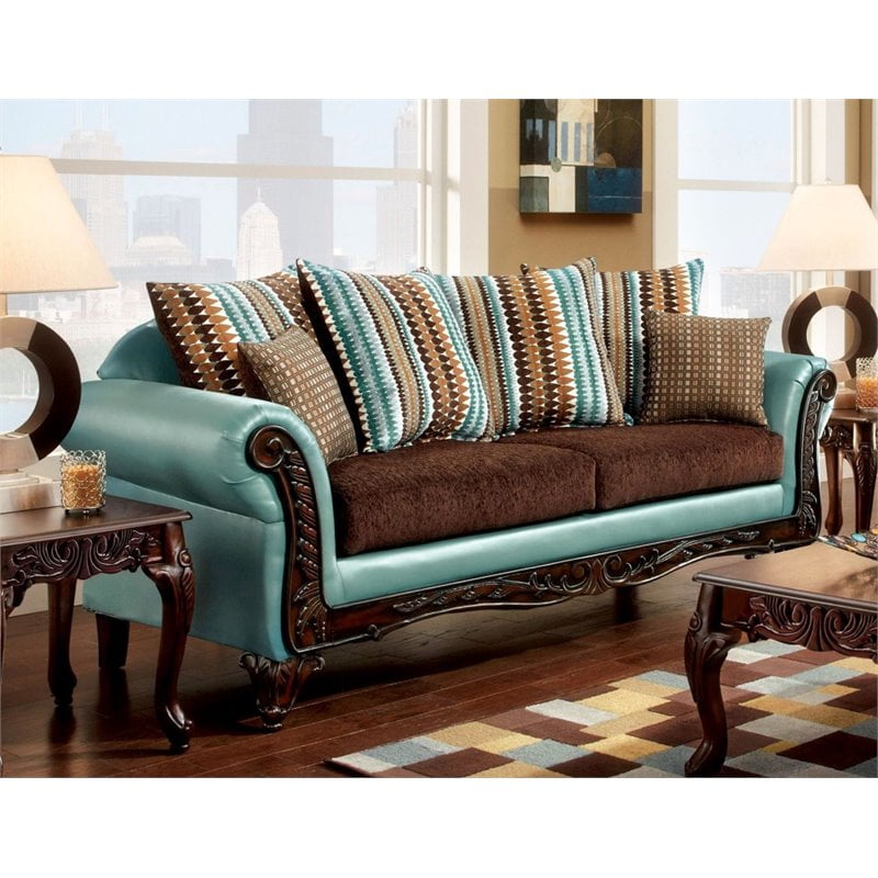Furniture of America Chesta Traditional Upholstered Sofa in Teal and