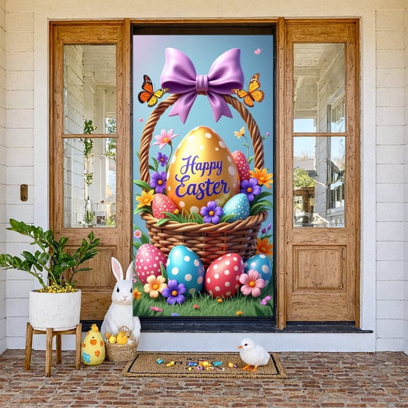 Bunny Theme Easter Banner Colorful Bows Bunny Backdrop Polka Dot Pattern Cute Design Happy Easter Background for Easter Party Spring Celebration Photo Backdrop