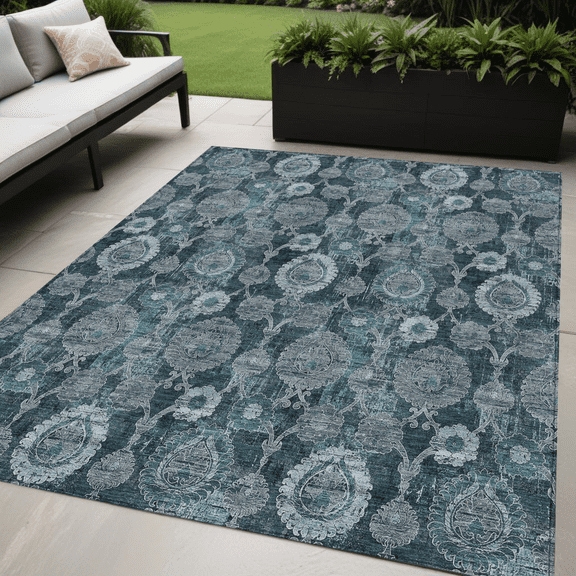 5' X 8' Teal Blue And Sky Blue Damask Washable Indoor Outdoor Area Rug