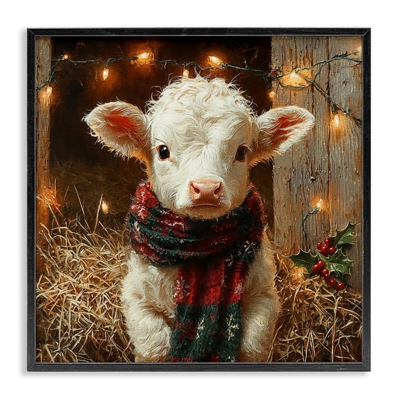 Stupell Industries White Calf with Holiday Lights Animals Painting Black Framed Art Print Wall Art, 12 x 12