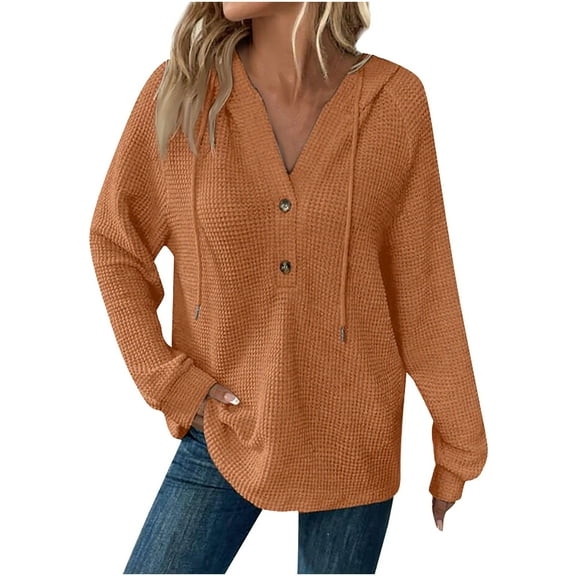 Waffle Knit Sweatshirts for Women Oversized Button Down Long Sleeve Pullovers Fall Fashion V Neck Drawstring Loose Solid Color Tops