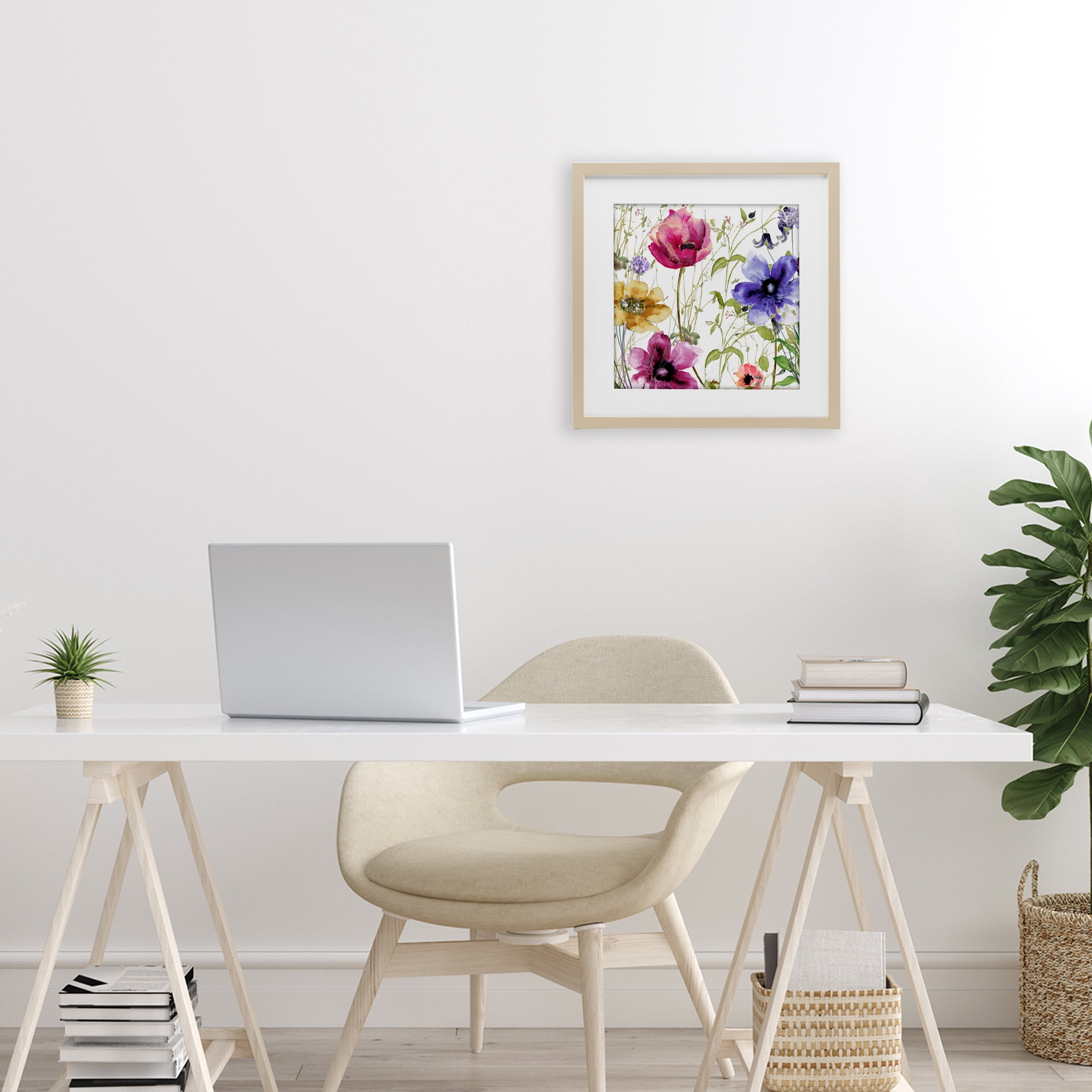 Botanical Spring Garden Blooms Birch Framed Print Under Glass, design by Sasha