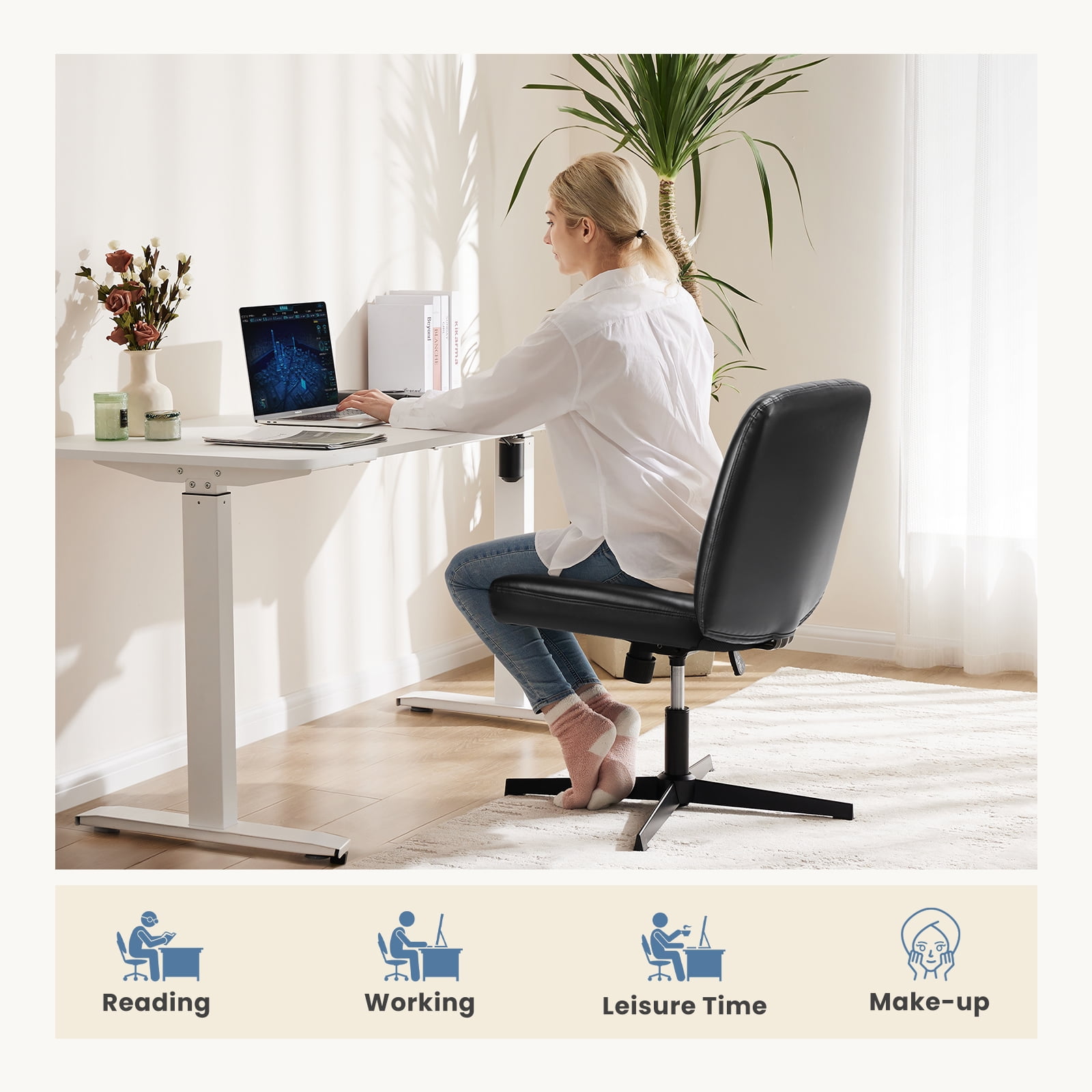 JIOABL Criss Cross Chair Armless Cross Legged Office Desk Chair Adjustable Swivel Ergonomic Desk Chair No Wheels U Shaped Backrest with Wide Seat Computer Task Vanity Chair for Home Office,PU Black