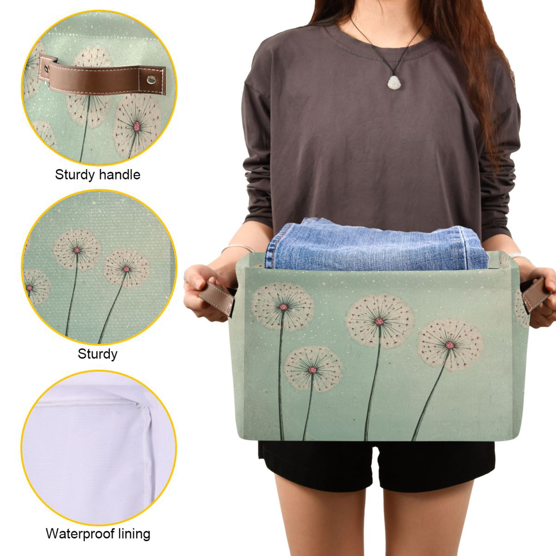 Large Dandelions Foldable Storage Basket,Canvas Fabric Foldable Storage Bins with Handles Open Home Storage Bins Boxes for Toy Book Shelf Closet Baskets