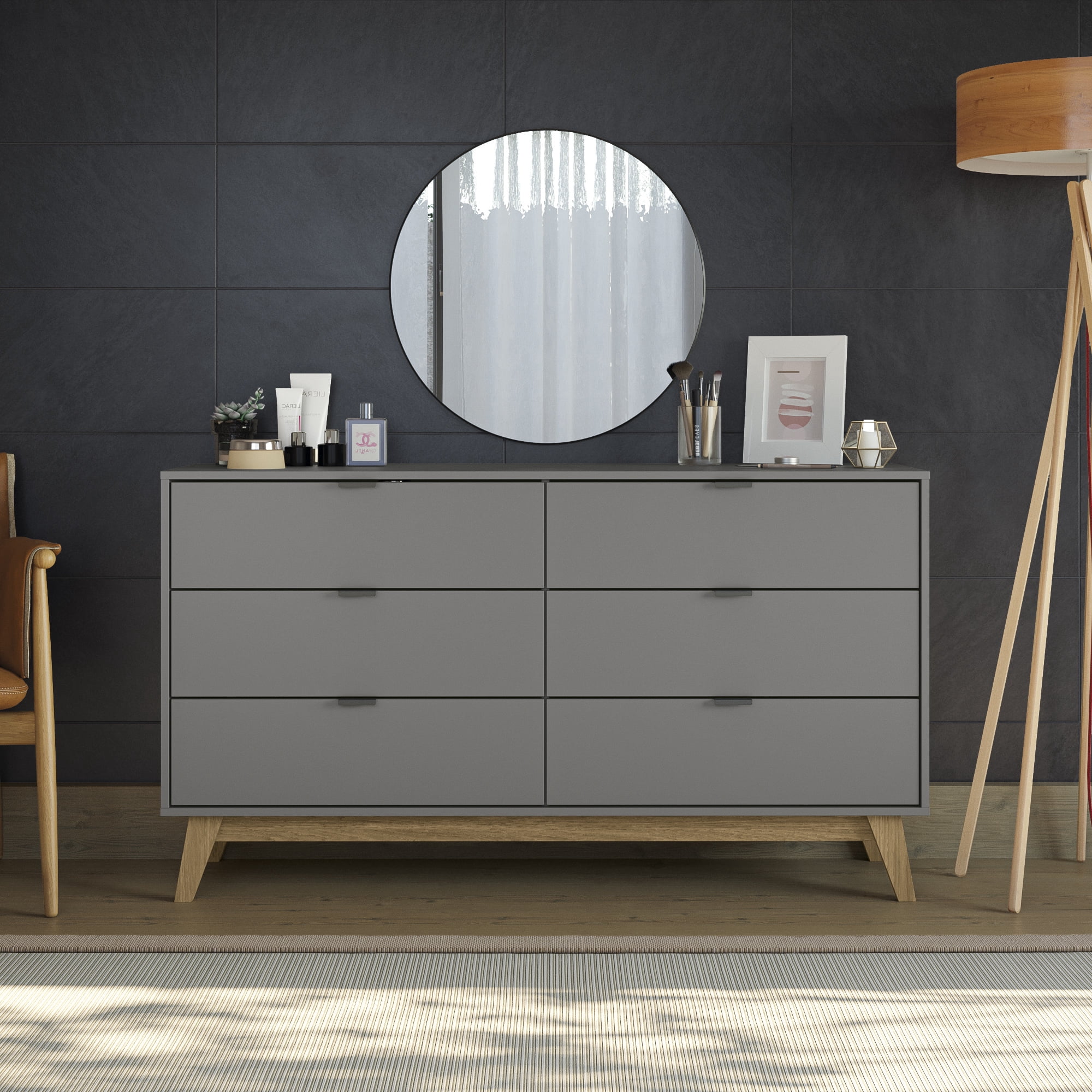 Kappesberg Hanford 2-Piece Bedroom Set – Gray Mid-Century 6-Drawer Dresser & 2-Drawer Nightstand with Shelf - for Adults and Teens