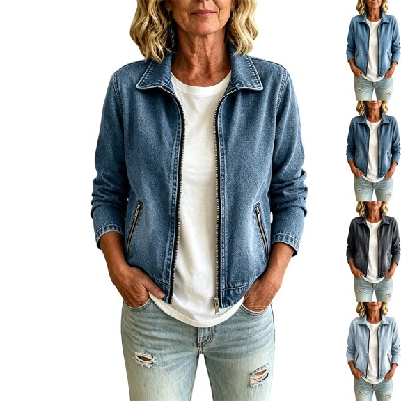 Coat for Women Plus Size Spring Autumn Solid Color Long Sleeve Zipper Pocket Denim Jacket