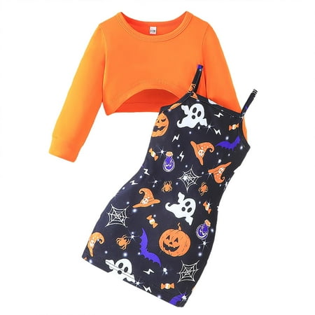 

Fshinging Toddlers Outfits Girls Cartoon Prints Long Sleeved Short T Shirt Top Heart Shaped Printed Camisole Skirt Two Piece Set
