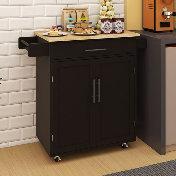 CQSXDA Kitchen Island Rolling Trolley Cart in Black with Adjustable Shelves, 1 Drawer, and Rubber Wood Table Top for Storage