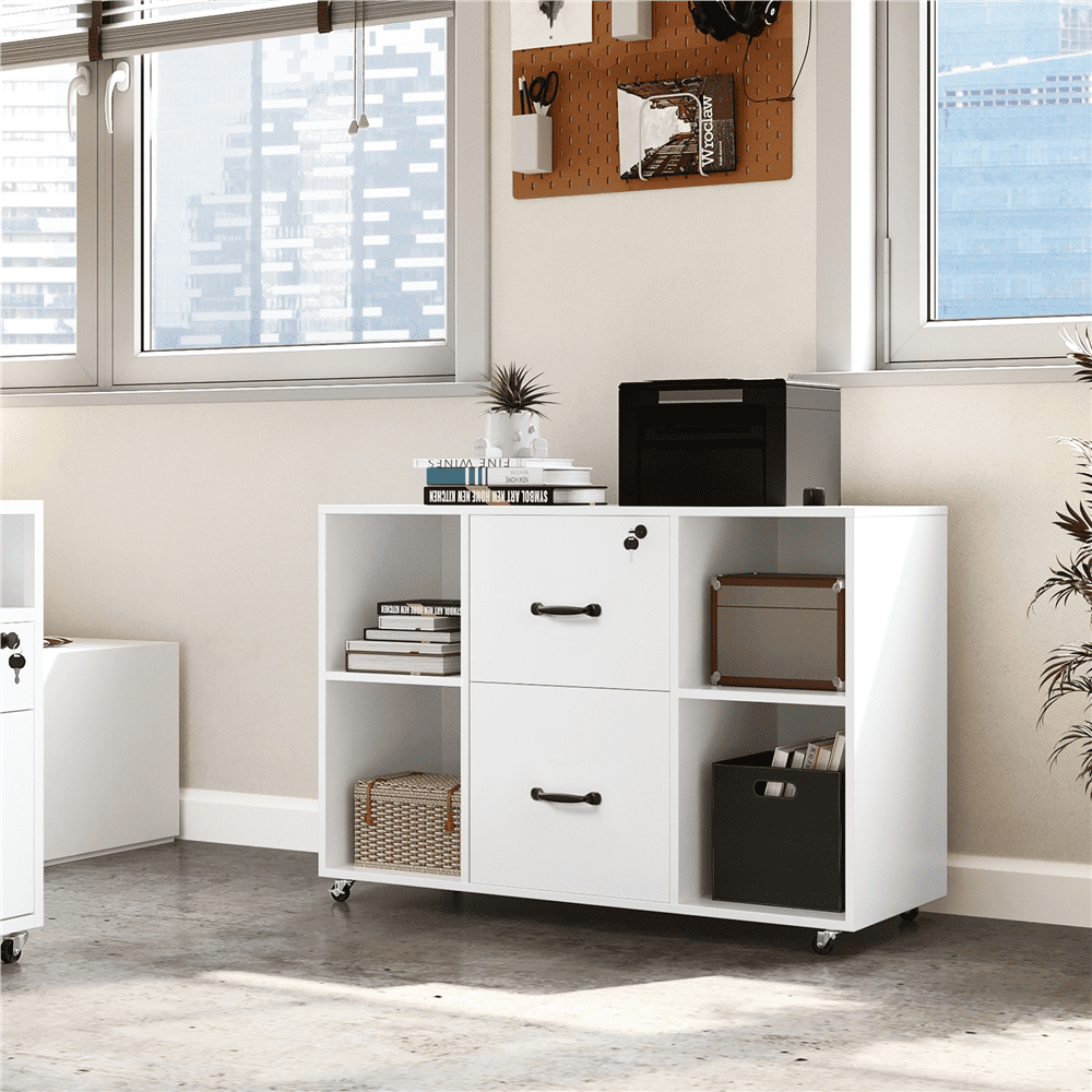 Alden Design Mobile Vintage File Cabinet with 2-Drawer for Home and Office, White