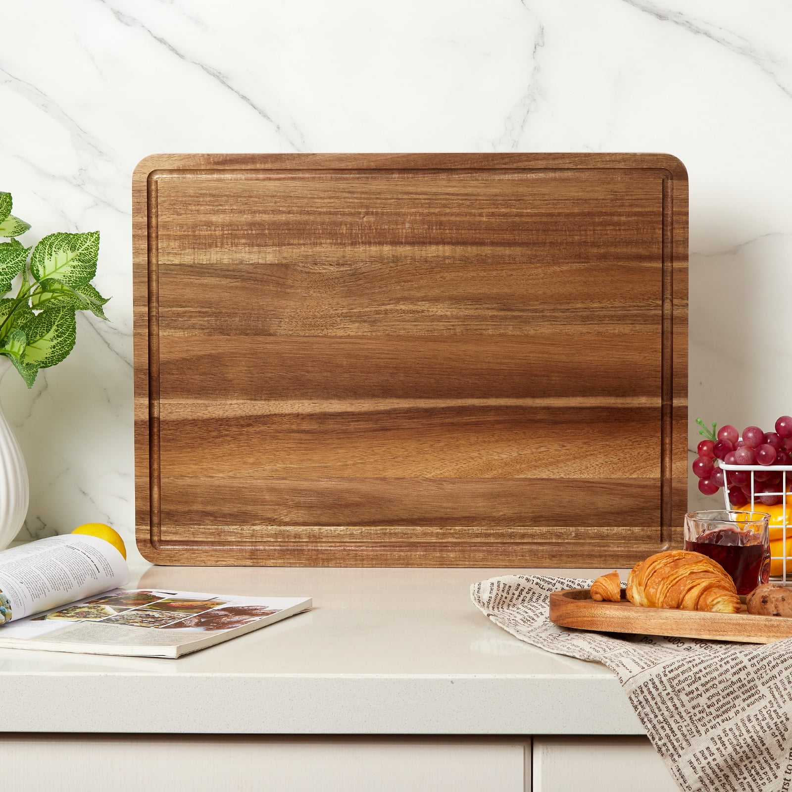 Extra Large Acacia Wood Cutting Board 20"x15" – Reversible Wooden Butcher Block for Kitchen with Deep Juice Groove, Side Handles – Chopping Board & Serving Tray for Meat, Vegetables, Cheese
