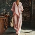 thumbnail image 3 of Cotton Linen Sets for Women 2 Piece Batwing Sleeve V Neck Shirts and Wide Leg Pants Set Casual Outfit,Pink XXL, 3 of 5