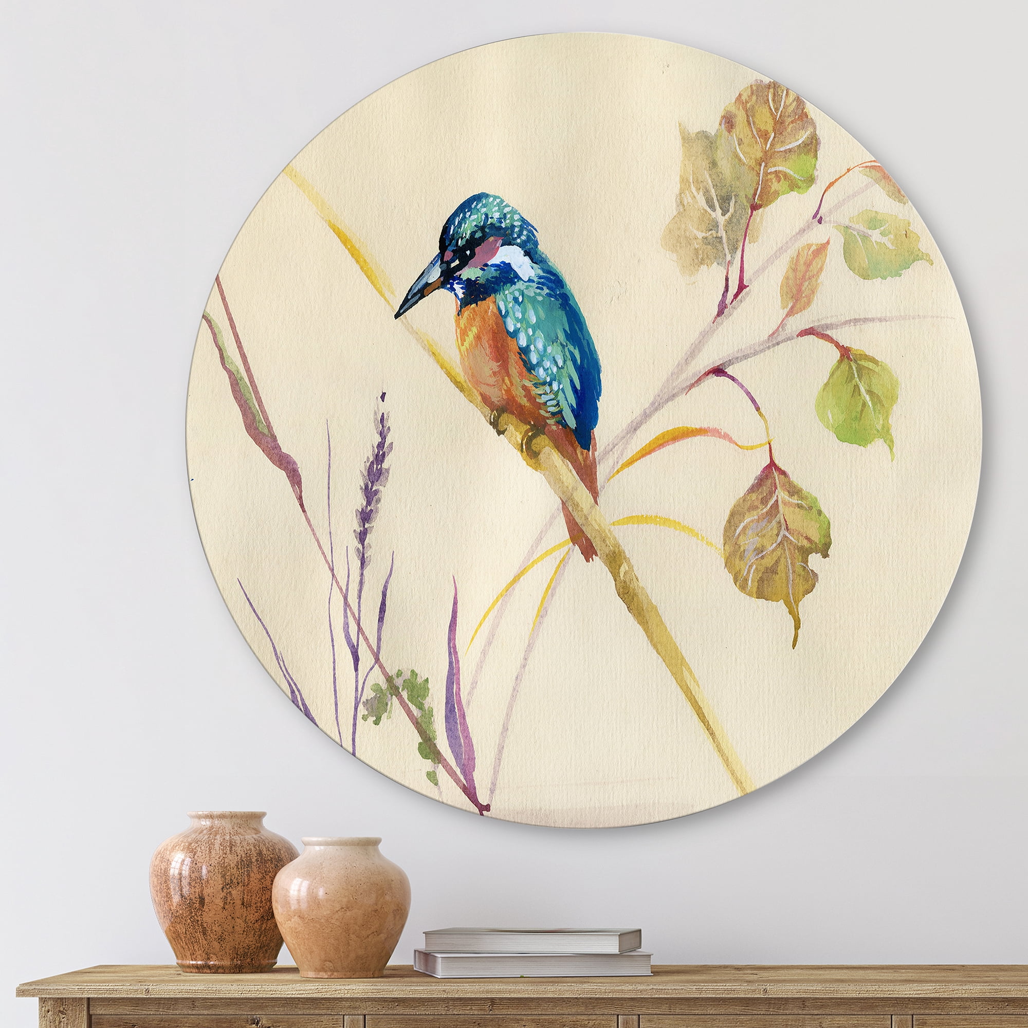 Designart 'Common Kingfisher Bird On Branch' Traditional Circle Metal Wall Art 23x23 - Disc of 23
