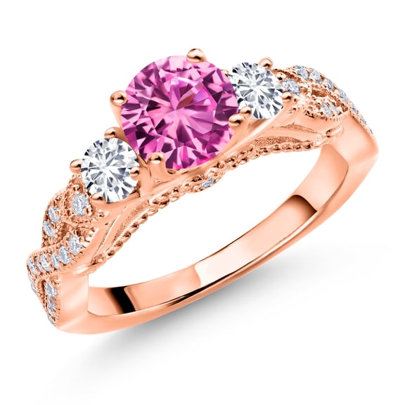 Gem Stone King 18K Rose Gold Plated Silver Pink Created Sapphire White Lab Grown Diamond and White Moissanite Engagement Ring for Women (1.47 Ct, Gemstone September Birthstone, Round 6MM, Size 7)