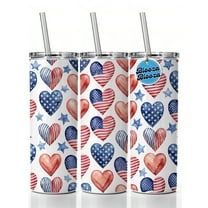 USA American Flags Hearts 4th of July Patriotic Watercolor 20oz Insulated Water Bottle Skinny Tumbler Includes Straw