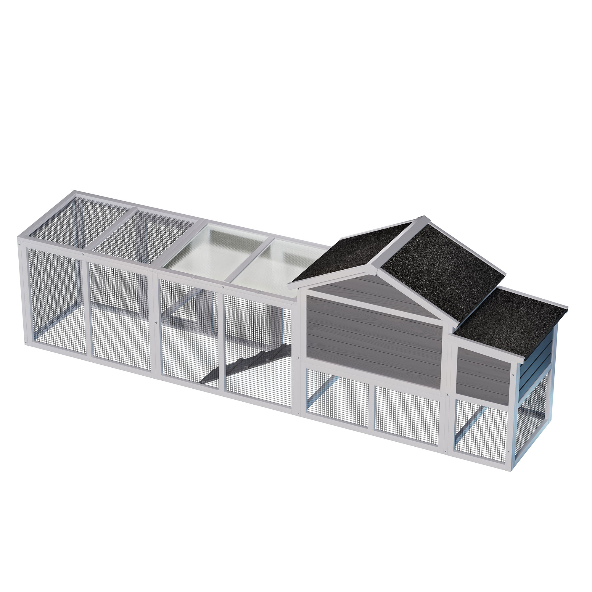 Chicken Coop, Outdoor Hen House, Large Wooden Chicken Run with Waterproof Asphalt Roof, UV-Resistant Panels, Nesting Box and Sliding Door, Removable Tray for Backyard Chickens, Gray 111.5 Inch