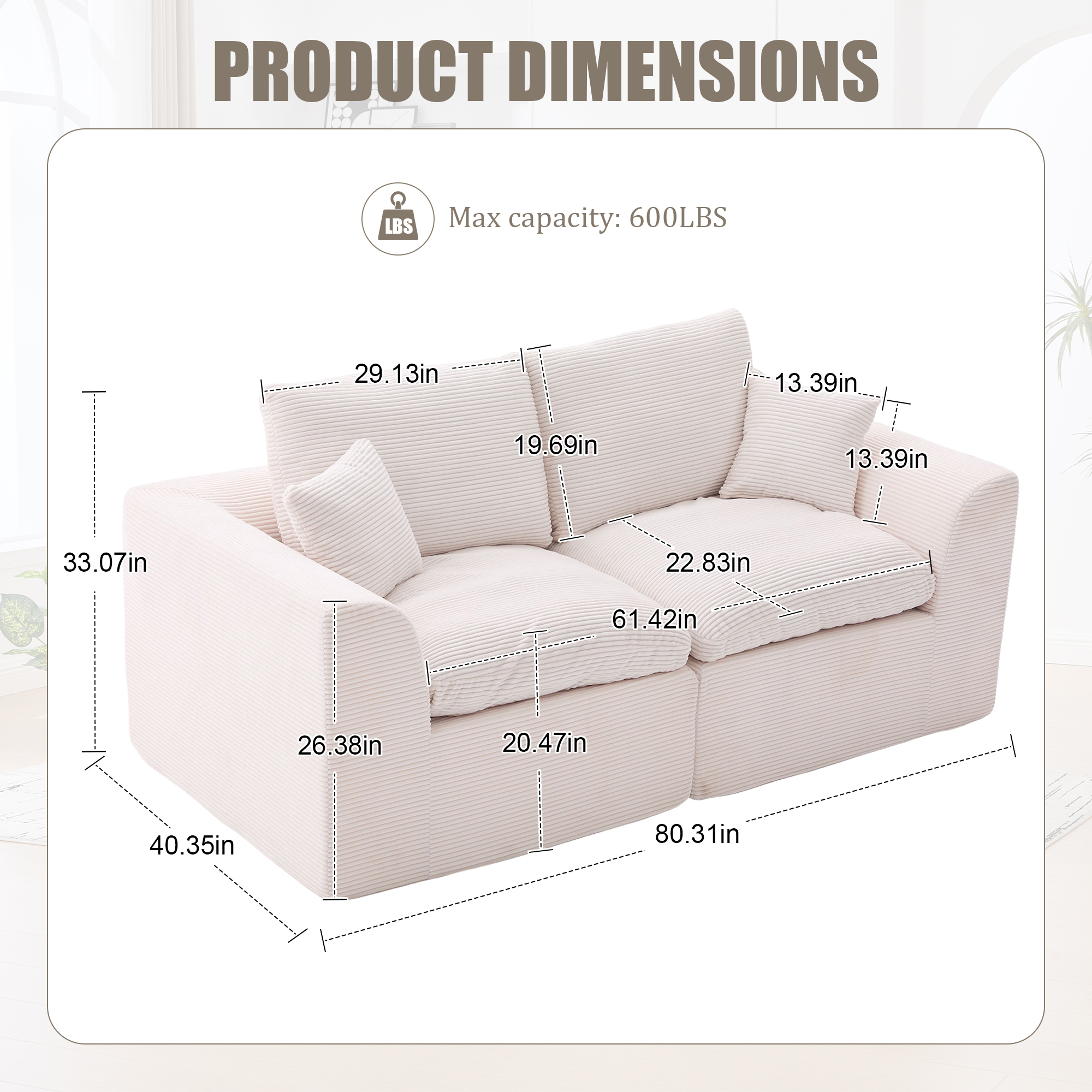 MOONMISS 80.3" Oversized Modular Sofa, Upholstered Corduroy 2 Seat Deep Seat Cloud Couch for Living Room Bedroom, No Assembly Required,Beige