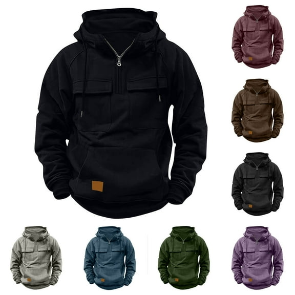 safuny Men's Long Sleeve Quarter Zipper Tees Stylish Cargo Tops with Pockets Big&Tall Crew Neck Hoodie Sweatshirts Retro Pullovers Workout Casual Sports Gym Green L