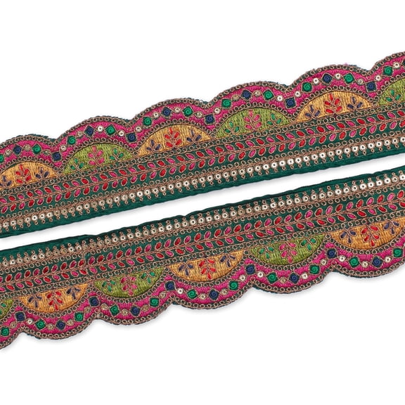 Sequin Trim 2.25 in. Multicolor Metallic Floral Corded Woven Embroidered Sew & Upholstery Polyester - Hunter Green (1 Pack, 9.8 Yards)