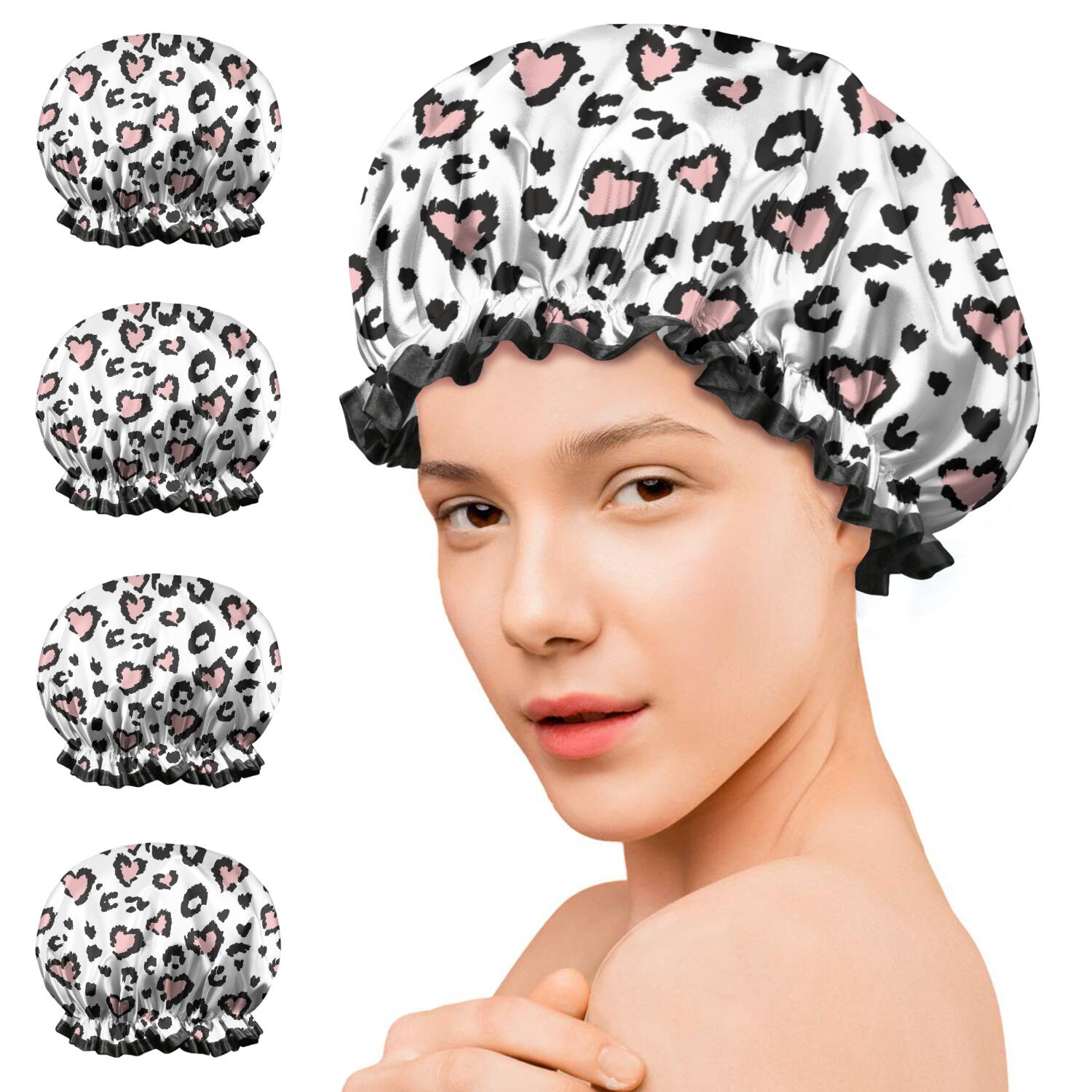 Shower Caps,Pink and Black Of Leopard Print Waterproof Shower Cap for Women 4 Pieces,Double Reusable Hair Cover for Shower PEVA Elastic Stretch Hem