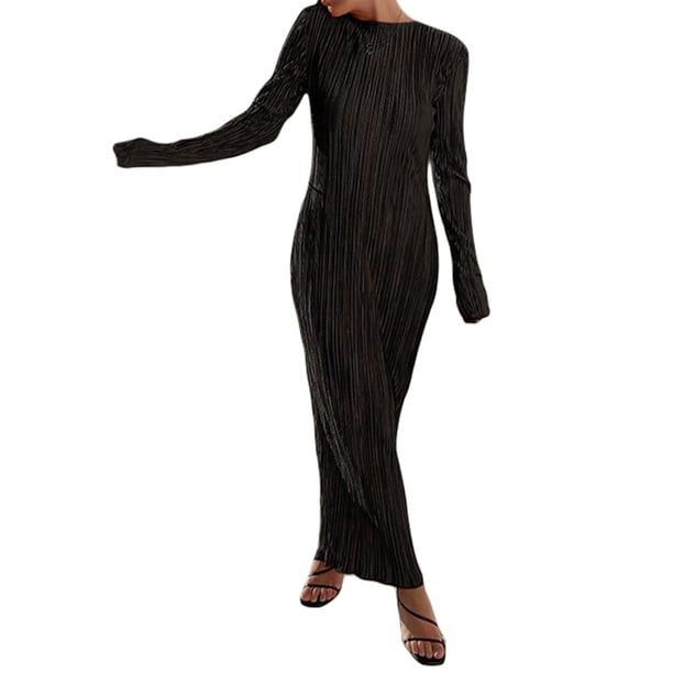 VISgogo Vestido Largo Plisado para Mujer, Adultos Slim-fit Color Sólido Cuello Redondo Manga Larga Una Pieza VISgogo moda