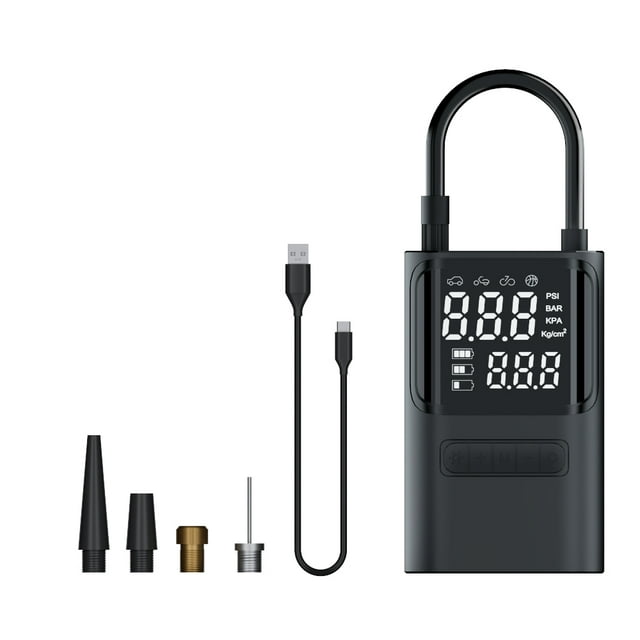 Graflsoa Portable Digital Car Tire Inflator with LED Light, Auto Stop, Preset Pressure, Built-in Battery, 4 Nozzles, Black ABS Material, 150PSI Max, 5V Input, 50W Output, Compact Design