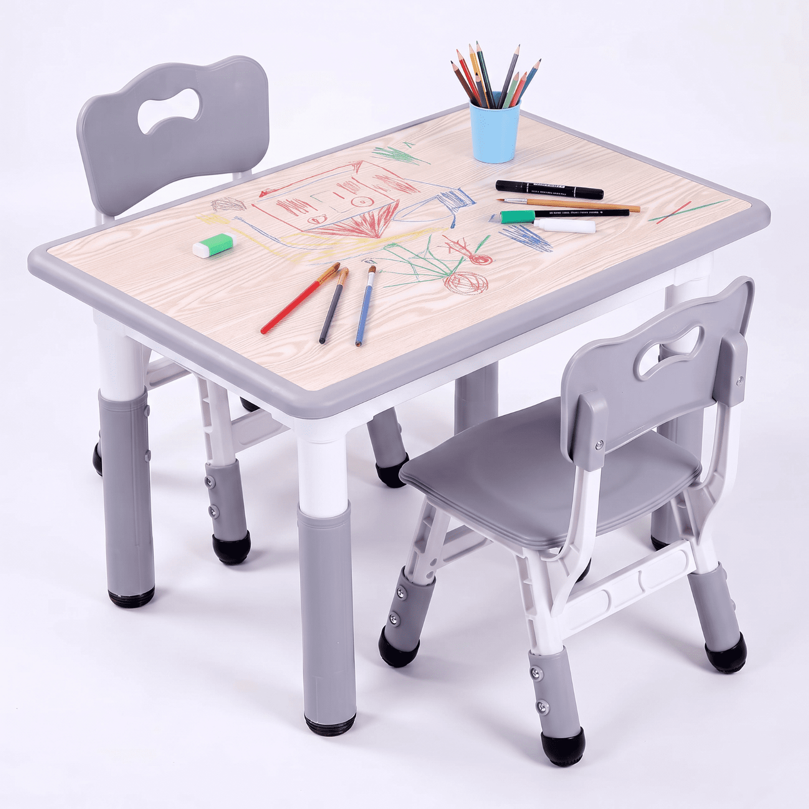 LAZY BUDDY Kids Table and 2 Chairs Set, Height Adjustable Toddler Play Activity Table Set for Children 3-8 Years