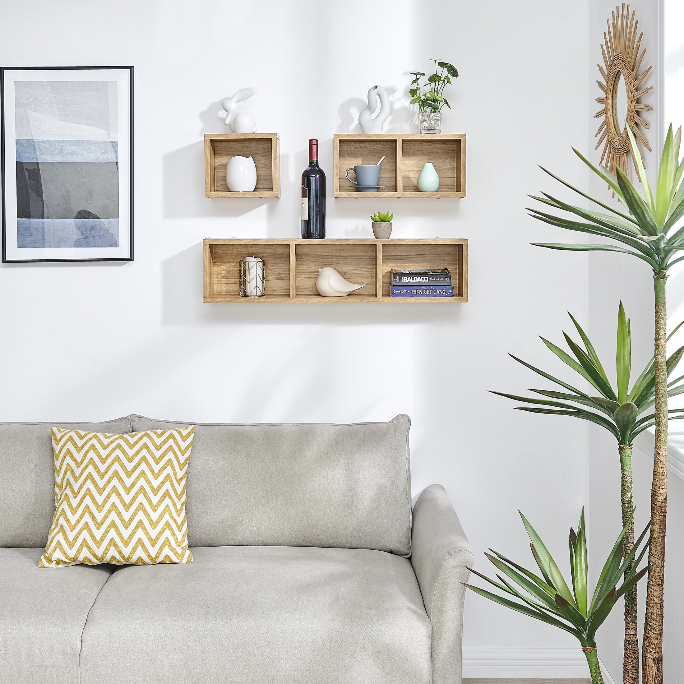 Danya B. Bauhaus Floating Geometric Cubby Wall Shelves - Set of 3 Sizes - Chestnut