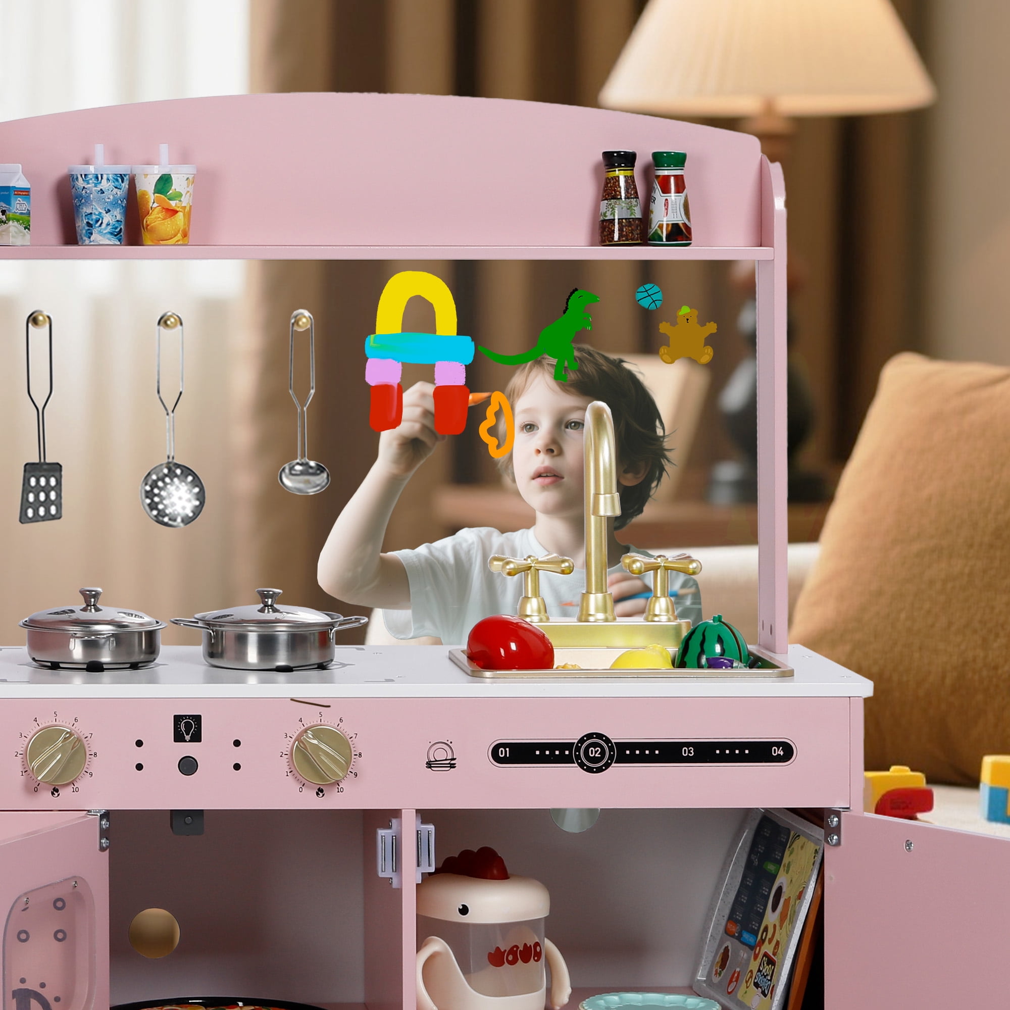 AILEEKISS, Wood Kids Play Kitchen, Pink, Pretend Cooking Set