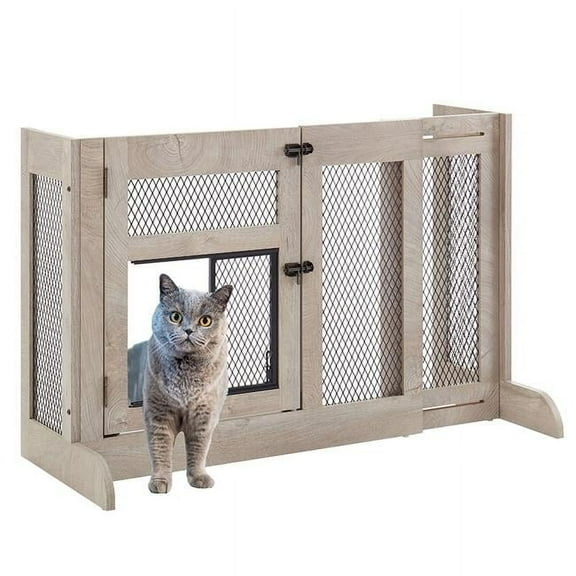 Unipaws  Unipaws Free Standing Dog Gate with Cat Door, Walk Through Mesh Pet Gate, 33.3'-41.6' Adjustable Wooden Dog Barrier